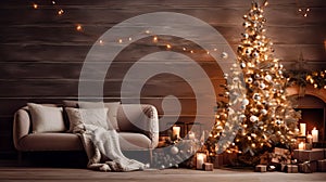 Cozy Christmas, New Year interior with wooden wall background, sofa, decorated fir tree with garlands and balls, gift box and