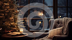 a cozy Christmas scene with a beautifully decorated tree, a window showcasing a snowy night, and a comfortable armchair with a