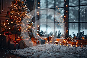 Cozy Christmas scene with a decorated tree and presents in a snowy evening. AI generated.