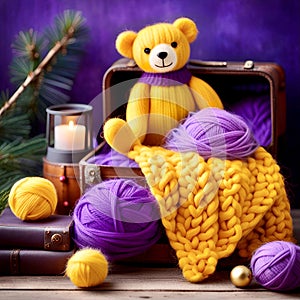 Cozy Christmas scenery with a knitted teddy bear and yellow knitted handmade blanket