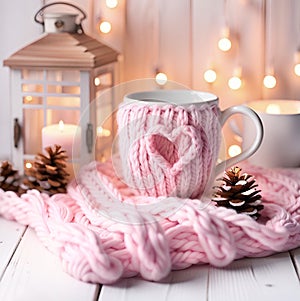 Cozy Christmas scenery with a white mug wearing a charming knitted handmade case