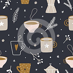 Cozy Christmas seamless pattern with cups, fir tree branches, twigs.