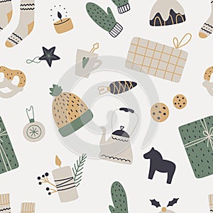 Cozy Christmas seamless pattern in scandinavian style.