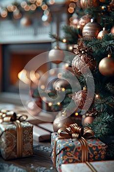 Cozy Christmas setting with a richly decorated tree, warm golden lights, and elegant presents