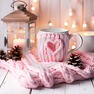 Cozy Christmas scenery with a white mug wearing a charming knitted handmade case