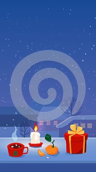 Cozy Christmas stories format , home isolation, snowfall in town, candle gift and a cut of hot drink. Background with