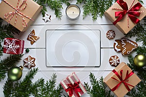 Cozy Christmas tableau with white tablet, gift, candle, cookies, ornaments on white wood