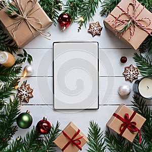 Cozy Christmas tableau with white tablet, gift, candle, cookies, ornaments on white wood