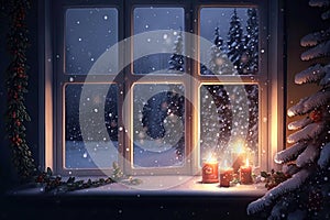 Cozy christmas window and snow outside. Generative ai