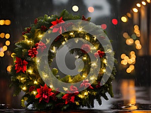 Cozy Christmas wreath POV rain neon. Detail.