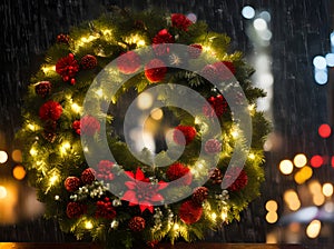 Cozy Christmas wreath POV rain neon. Detail.