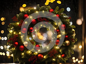 Cozy Christmas wreath POV rain neon. Detail.