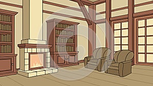 Cozy classic library interior with a warm fireplace and comfortable armchairs, vector design Generative AI
