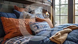 Cozy close-up of a rugged bunk bed adorned with sports-themed bedding, showcasing the adventurou