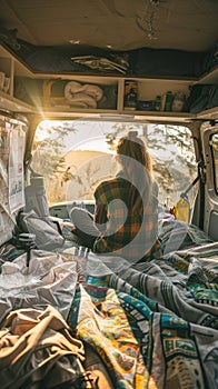 A cozy and cluttered nook in the back of a campervan, filled with bedding, bags and other travel essentials, with a