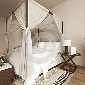 Cozy coastal bedroom interior design with beige wall and decor. Wooden bed with canopy and white bedding. 3d render