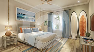 Cozy Coastal Bedroom With Surf Decor and Natural Lighting, Daytime photo