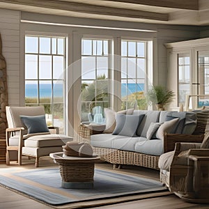 A cozy coastal cottage living room with nautical decor and a view of the ocean2