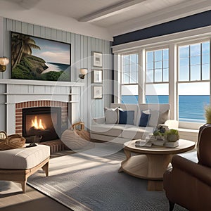 A cozy coastal cottage living room with nautical decor and a view of the ocean1