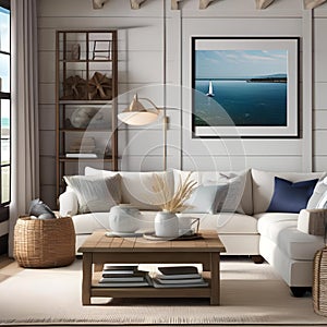 A cozy coastal cottage living room with nautical decor and a view of the ocean3