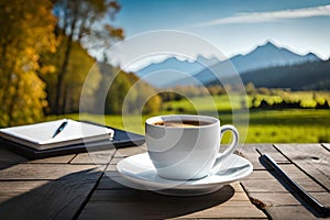 Cozy Coffee Break: Cup of Coffee and White Paper on Table