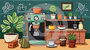 Cozy Coffee Corner with Espresso Machine and Houseplants Illustration