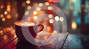 Steaming Hot Coffee Cup with Latte Art on Rainy Table Bokeh Lights Background