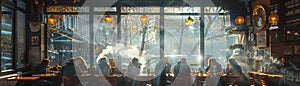 Cozy Coffee House Corner with Blurred Patrons and Steamy Mugs