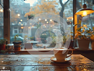 Cozy Coffee House Corner with Blurred Patrons and Steamy Mugs