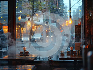 Cozy Coffee House Corner with Blurred Patrons and Steamy Mugs