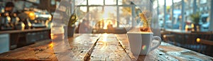 Cozy Coffee House Corner with Blurred Patrons and Steamy Mugs