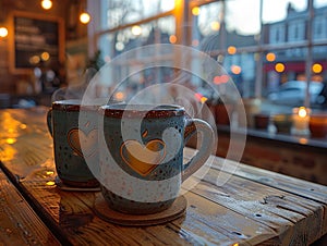 Cozy Coffee House Corner with Blurred Patrons and Steamy Mugs