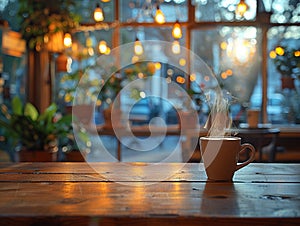 Cozy Coffee House Corner with Blurred Patrons and Steamy Mugs