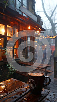 Cozy Coffee House Corner with Blurred Patrons and Steamy Mugs