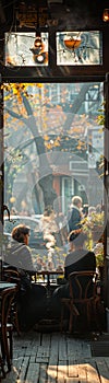 Cozy Coffee House Corner with Blurred Patrons and Steamy Mugs