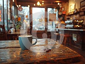 Cozy Coffee House Corner with Blurred Patrons and Steamy Mugs