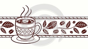 Cozy Coffee & Leaf Pattern Border, Warm Beverage Theme, vector design Generative AI