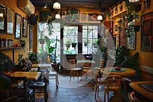 A cozy coffee shop with numerous tables and chairs arranged for customers to sit and socialize, A cozy coffee shop with a photo