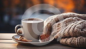 Cozy coffee shop, rustic wood table, hot latte, winter warmth generated by AI