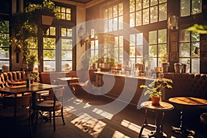 Cozy coffee shop with sunlight streaming through the windows. Generative AI