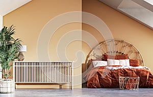 Cozy colored bedroom interior background in attic