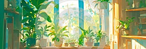 Cozy and colorful home interior with plants by a bright window illustration