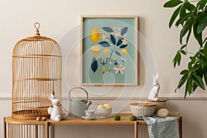 Cozy composition of easter living room interior with mock up poster frame, wooden sideboard, easter bunny, stylish bowl, wooden