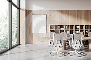 Cozy conference room interior with minimalist furniture. Mockup frame