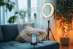 Cozy content creation Mobile phone and ring lamp in room