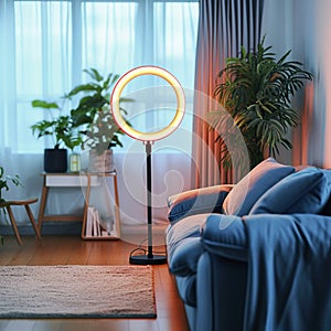 Cozy content creation Mobile phone and ring lamp in room