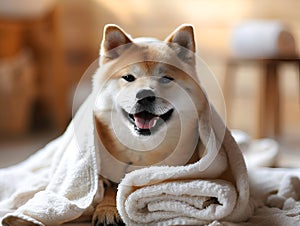 Cozy and content, this Shiba Inu\'s blissful expression under the snug blanket radiates comfort and joy photo