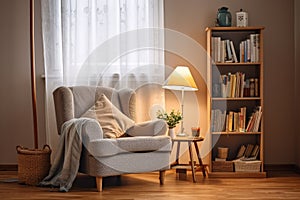 a cozy corner with a comfy armchair, standing lamp, and bookcase
