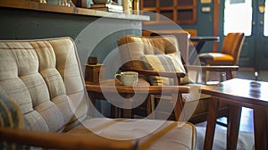A cozy corner with comfy chairs where customers can sit and enjoy their chai lattes photo