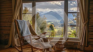 A cozy corner filled with cozy blankets and a rocking chair facing the window with a view of the mountains
